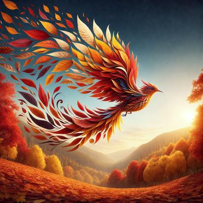 The primary subject of the image is a colorful bird with a long tail, flying through the air. The bird is surrounded by a vibrant and lively environment, with a backdrop of trees and a sunset in the distance. The visual style of the image is a combination of digital art and illustration, creating a dynamic and eye-catching scene. The dominant colors in the image are red, orange, and yellow, which contribute to the warm and inviting atmosphere.
